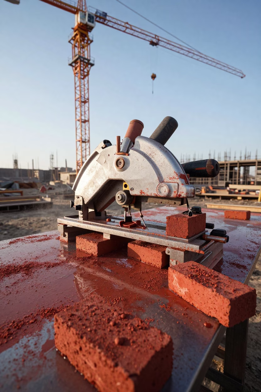 Wet Masonry Saw Table Under Uzbek Crane in beneath a tower crane on open ground in Uzbekistan