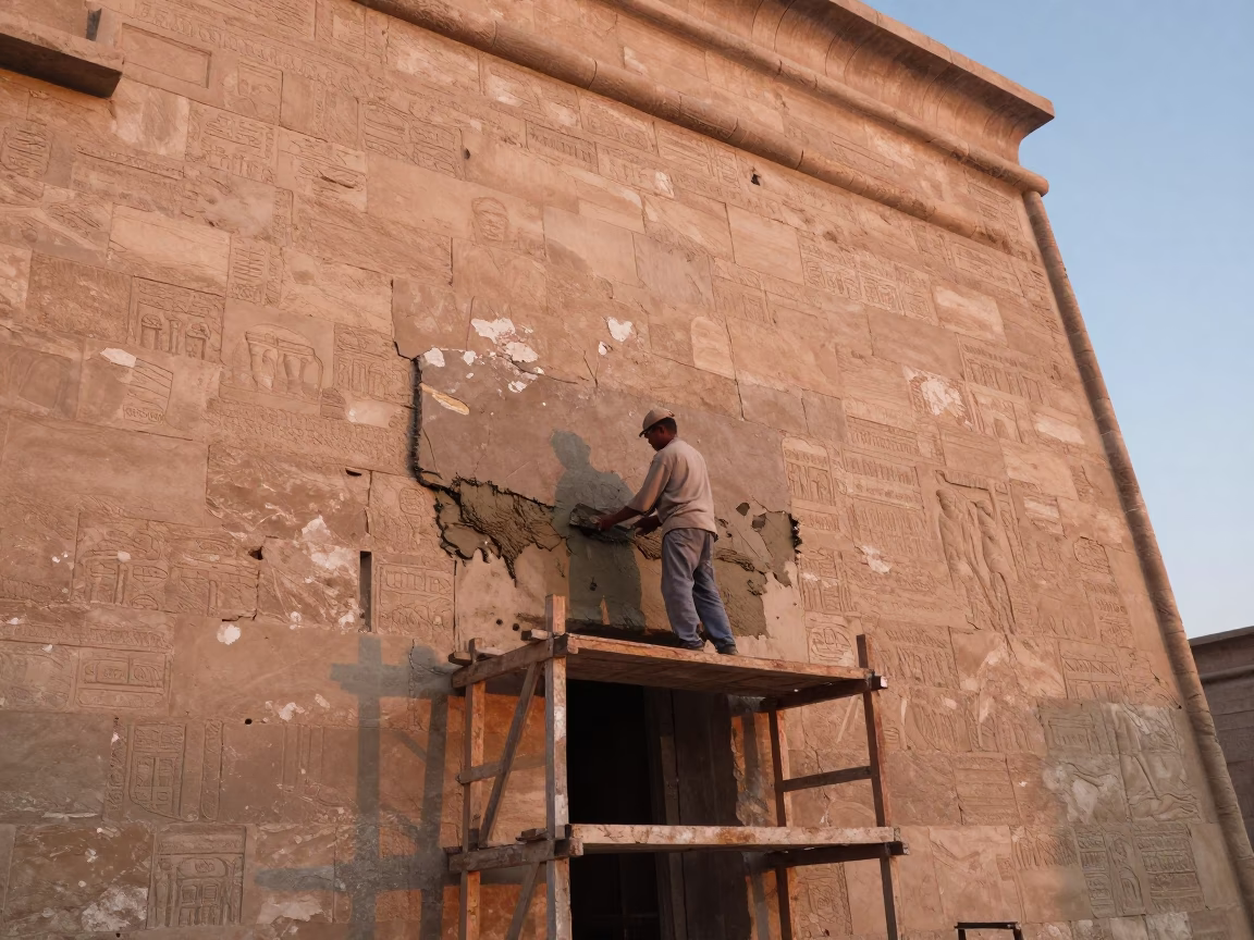 Wet Mortar in Luxor at Copper-toned Light Before Dusk in in Luxor, Egypt