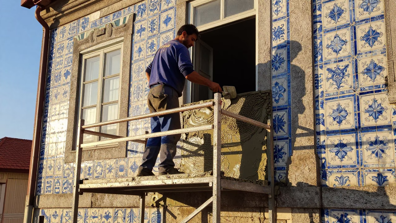 Wet Mortar in Porto at The Late Morning Light in in Porto, Portugal