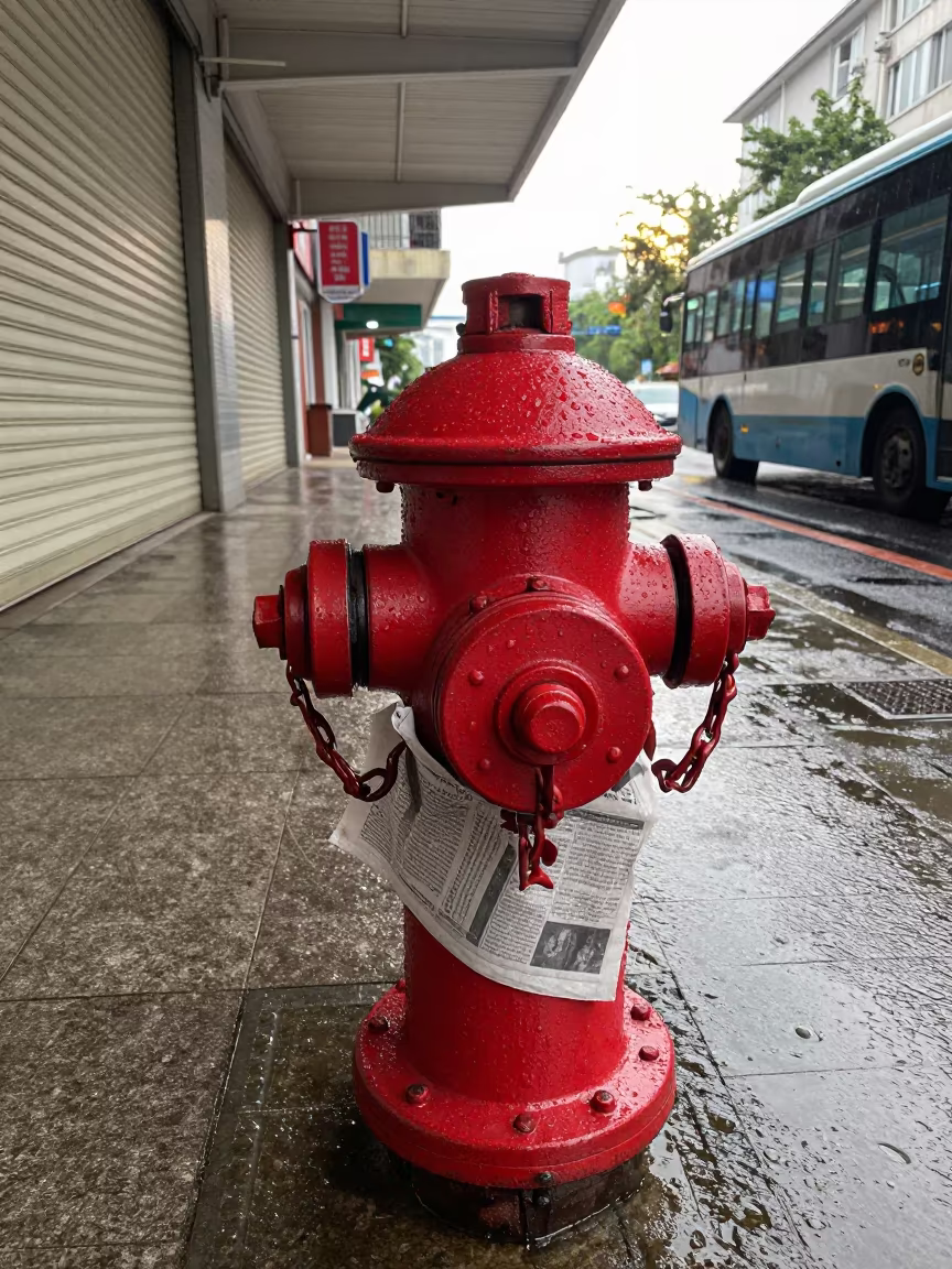 Wet Newspaper Stuck to Fire Hydrant in Fuzhou Arcade in along a shuttered arcade in Fuzhou