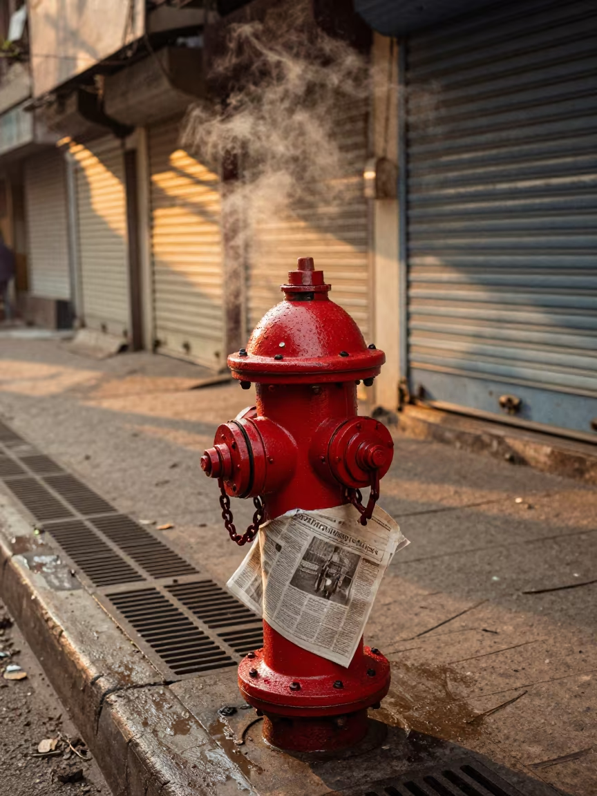 Wet Newspaper on Fire Hydrant in Jhansi Arcade in along a shuttered arcade in Jhansi