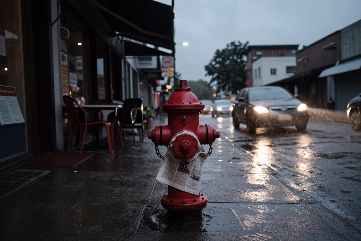 Wet Newspaper Stuck to Fire Hydrant in Muridke in outside a corner cafe in Muridke