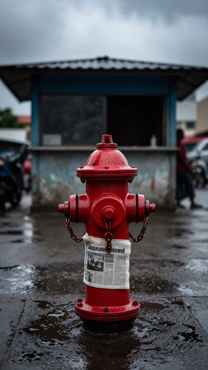 Wet Newspaper Stuck to Fire Hydrant in Mwanza in by a rain-darkened kiosk in Mwanza