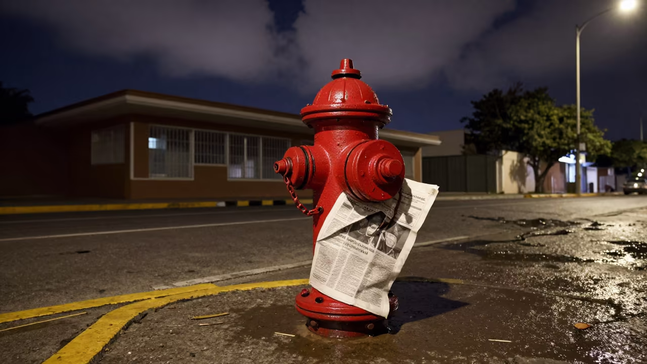 Wet Newspaper Stuck to Fire Hydrant in outside a metro entrance in Zapopan