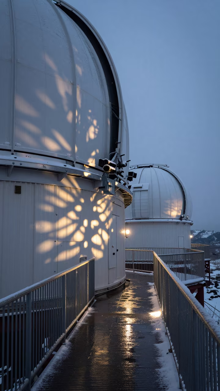 Wet Observatory Catwalk Under Dappled Light in on a wind-scoured research platform in Colorado