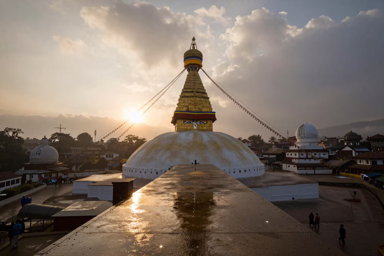 Wet Observatory Catwalk Over Foggy Valley at Golden Hour in beside a tidal survey transect in Boudhanath, Kathmandu