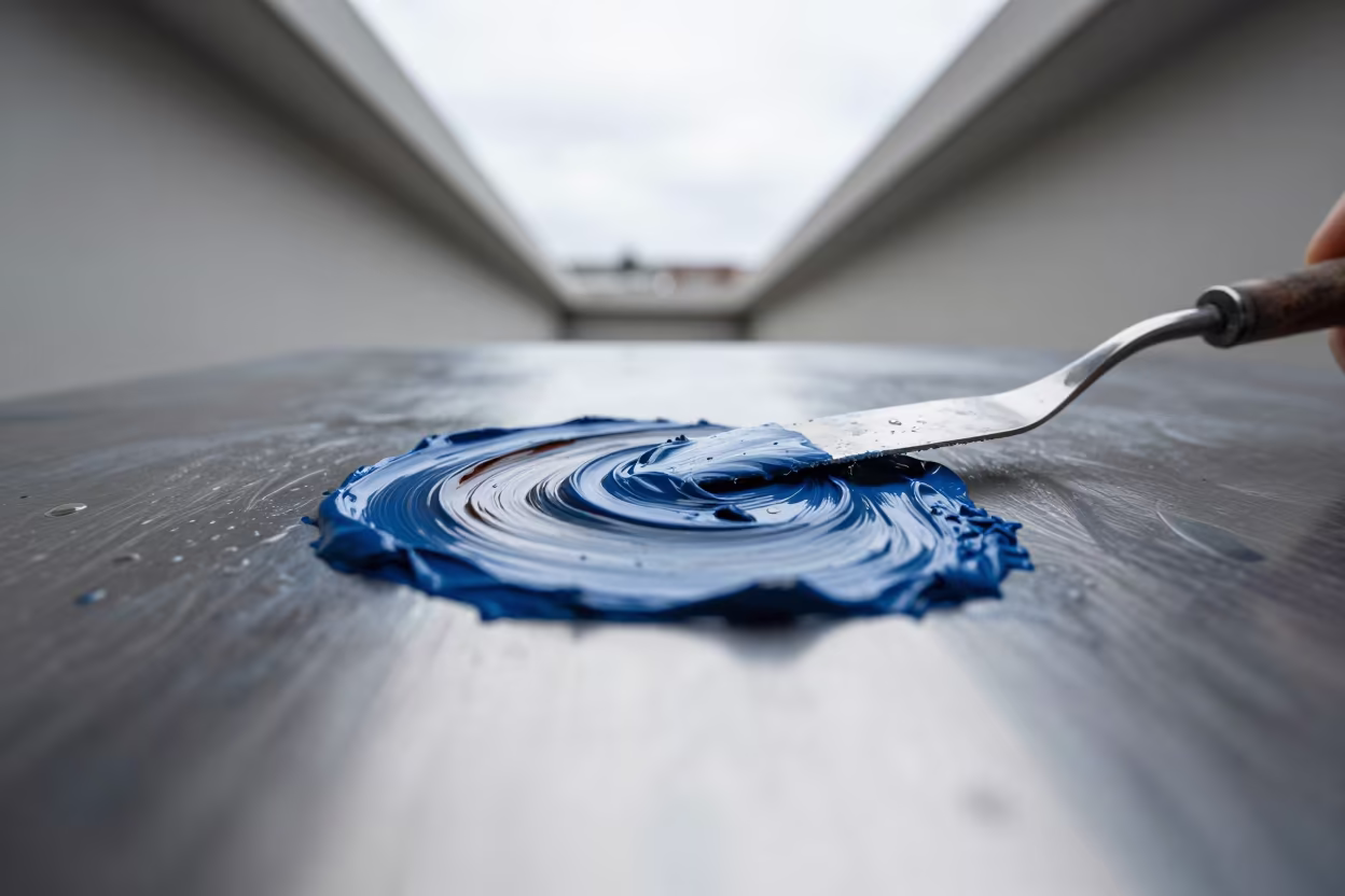 Wet Oil Paint Swirl on Palette Knife in inside a skylit passageway near Haikou