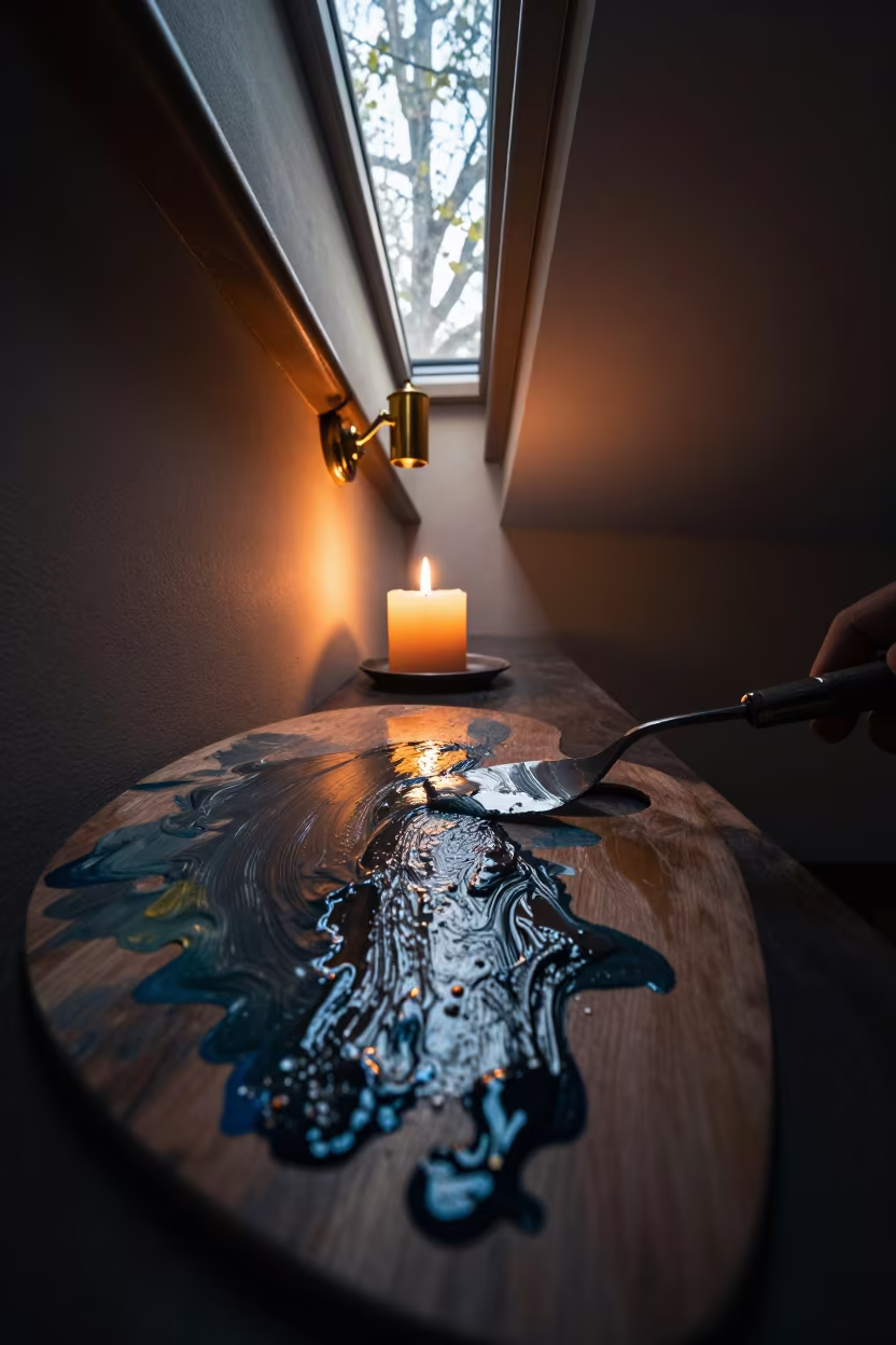 Wet Oil Swirl on Palette Knife in Skylit Passageway in inside a skylit passageway near Bamberg