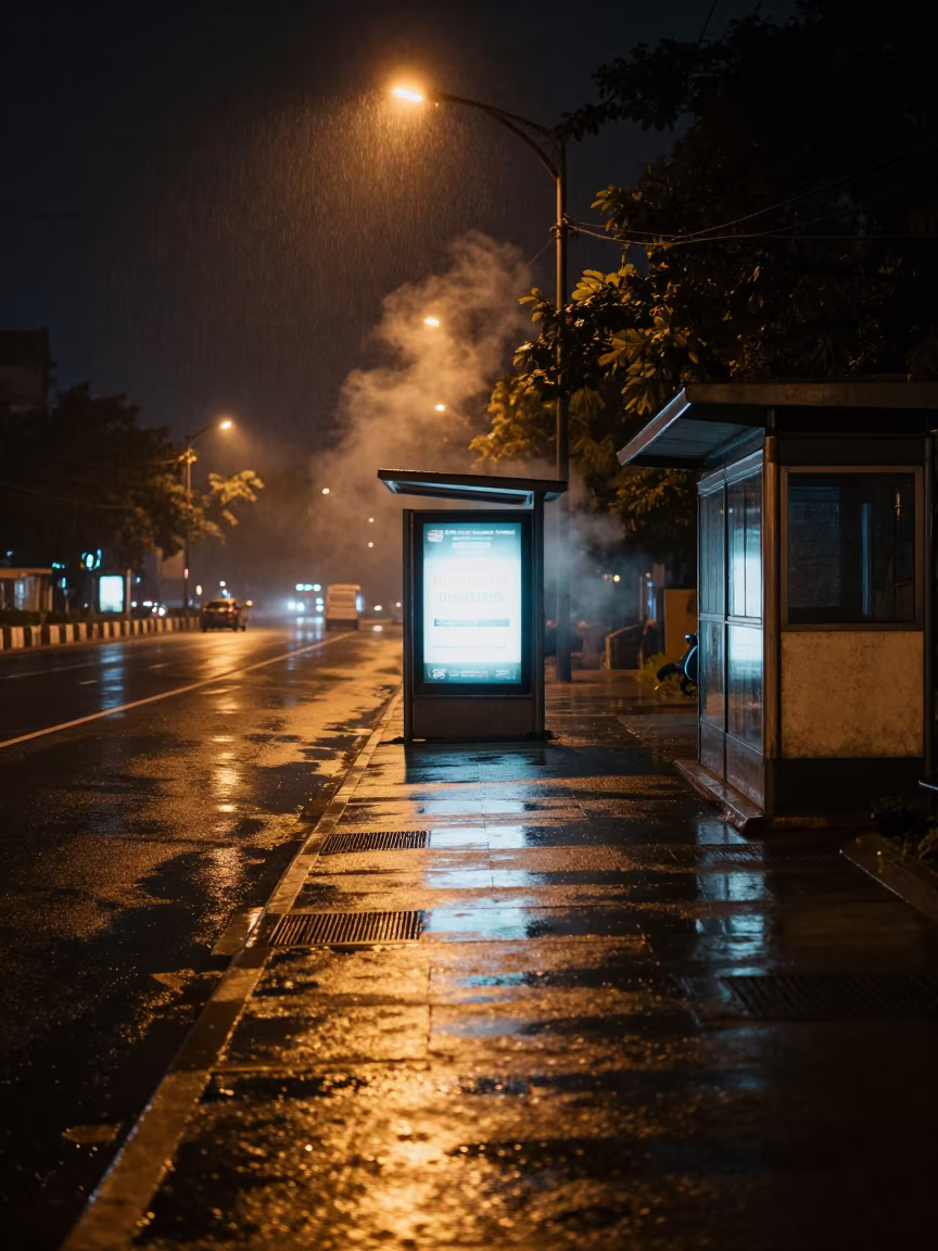 Wet Pavement Bus Ad Reflection Night Rajkot in by a rain-darkened kiosk in Rajkot