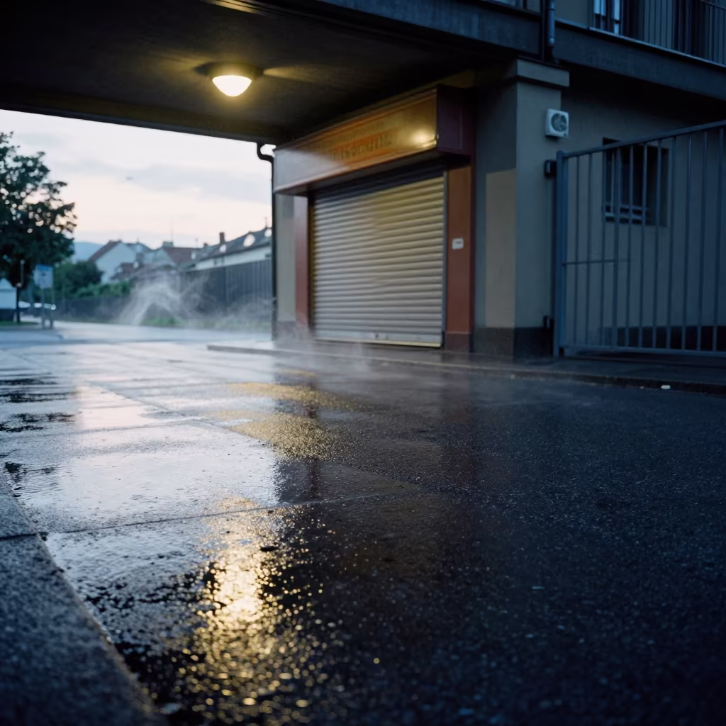 Wet Pavement Dawn Light Shuttered Bakery Lausanne in beneath a flickering underpass light in Lausanne