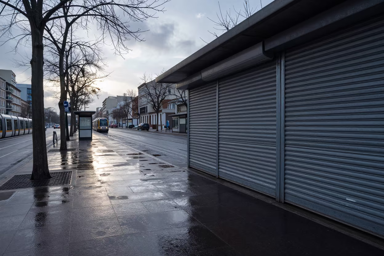 Wet Pavement Dawn Light Marseille Bakery in at a tram stop in Marseille