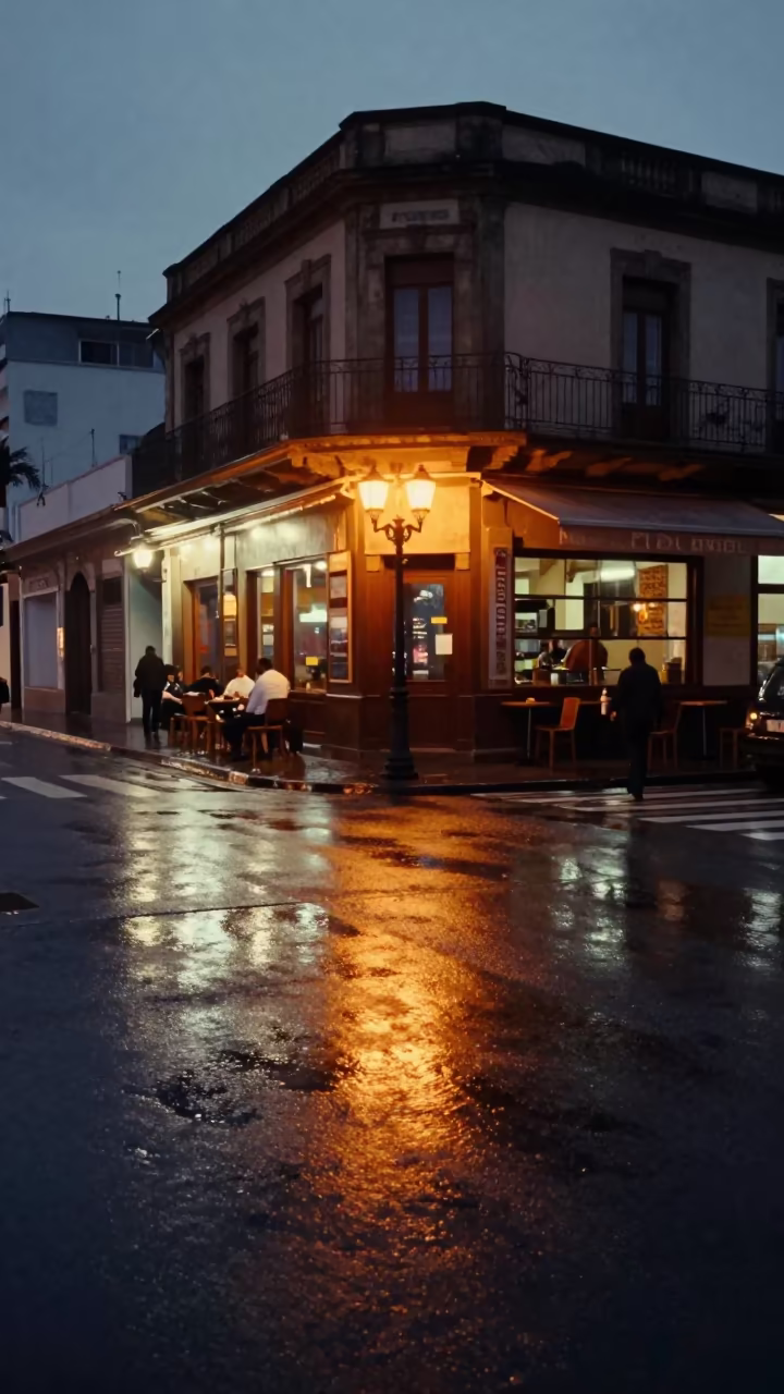 Wet Pavement Glow Street Vendor Mar del Plata in outside a corner cafe in Mar del Plata