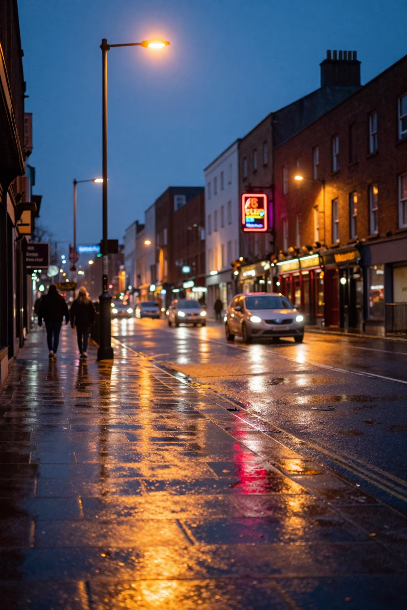 Wet Pavement in Dublin in in Dublin, Ireland