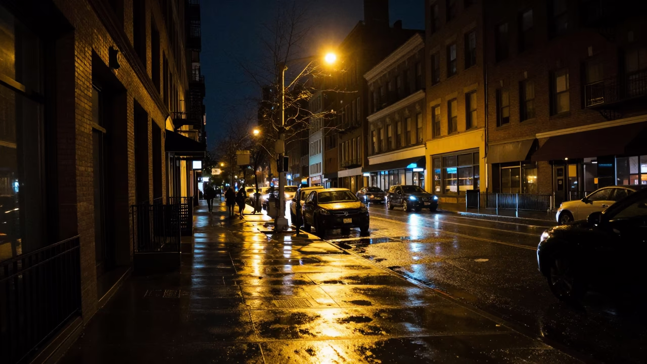 Wet Pavement in New York at The Deepest Night Sky Light in in New York, New York, United States