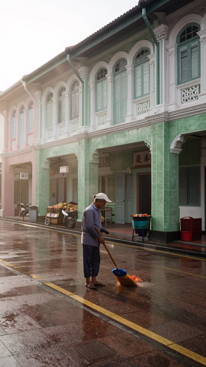 Wet Pavement in Singapore at First Light in in Singapore, Singapore