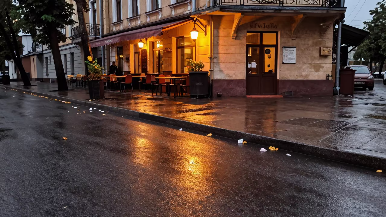 Wet Pavement Street Vendor Lantern Kharkiv in outside a corner cafe in Kharkiv