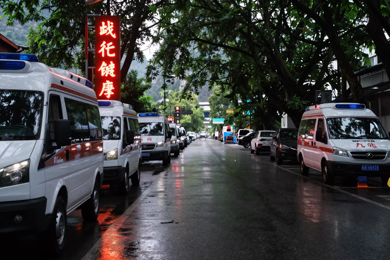 Wet Pavement Sheen Under Neon Pharmacy Sign Yangshuo in at a curbside ambulance stop in Yangshuo