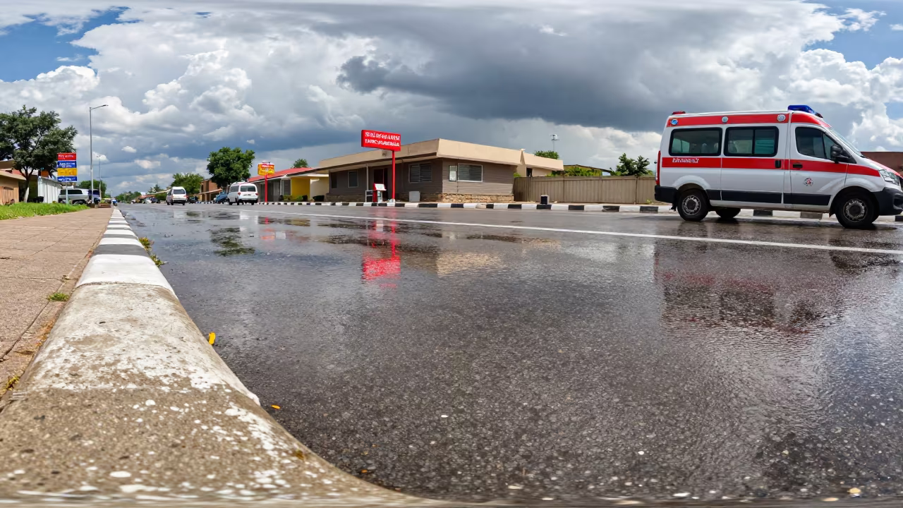 Wet Pavement Neon Pharmacy Zaria Ambulance Stop in at a curbside ambulance stop in Zaria