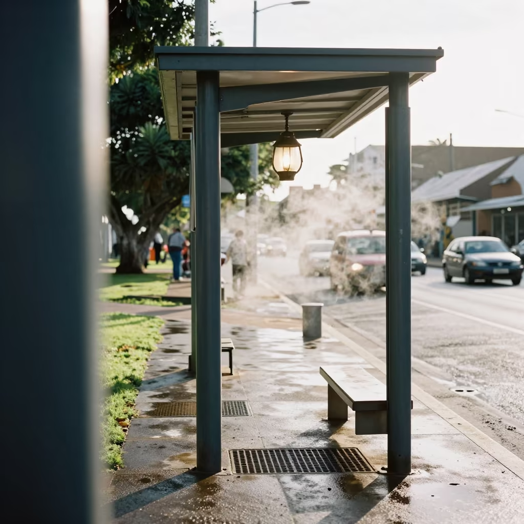 Wet Pavement Street Vendor Glow Port Elizabeth in at a tram stop in Port Elizabeth