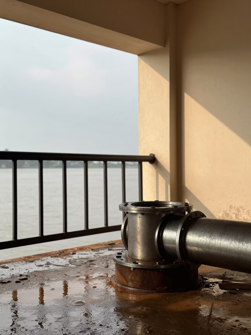 Wet Pier Railing and Sky Reflection in on a pier railing in Yavatmal