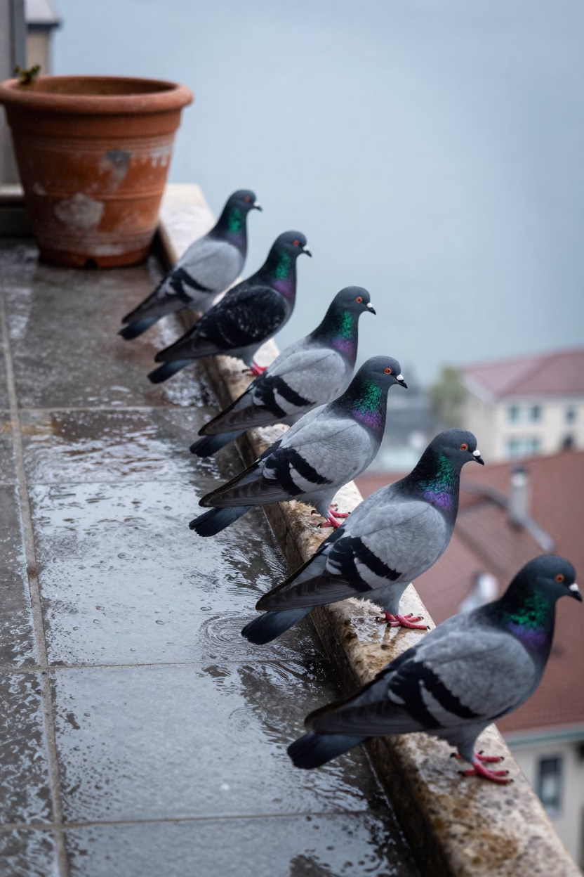 Wet Pigeons in Istanbul in in Istanbul, Turkey