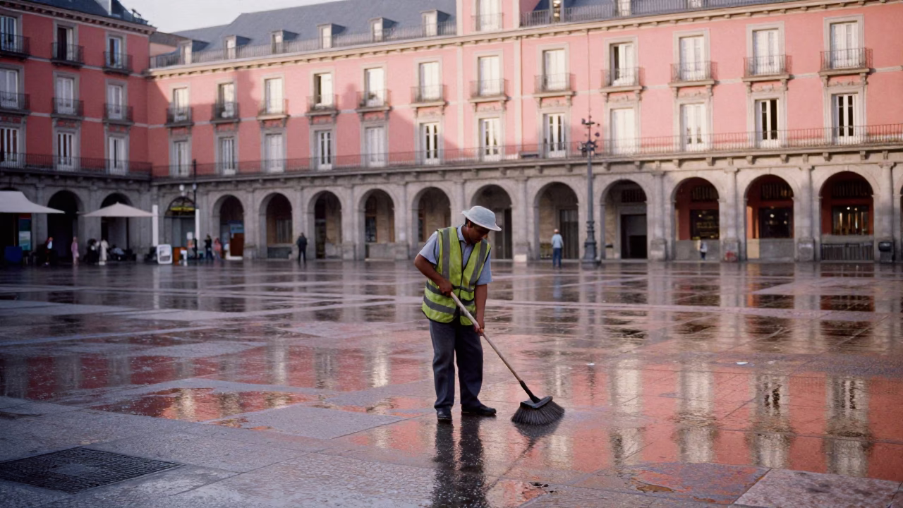 Wet Plaza in Madrid in in Madrid, Spain