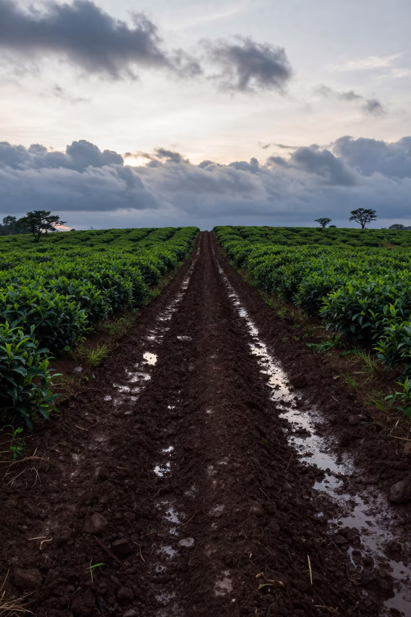 Wet Plowed Field Under Indigo Twilight Clouds in at the edge of a tea plantation in San Lorenzo