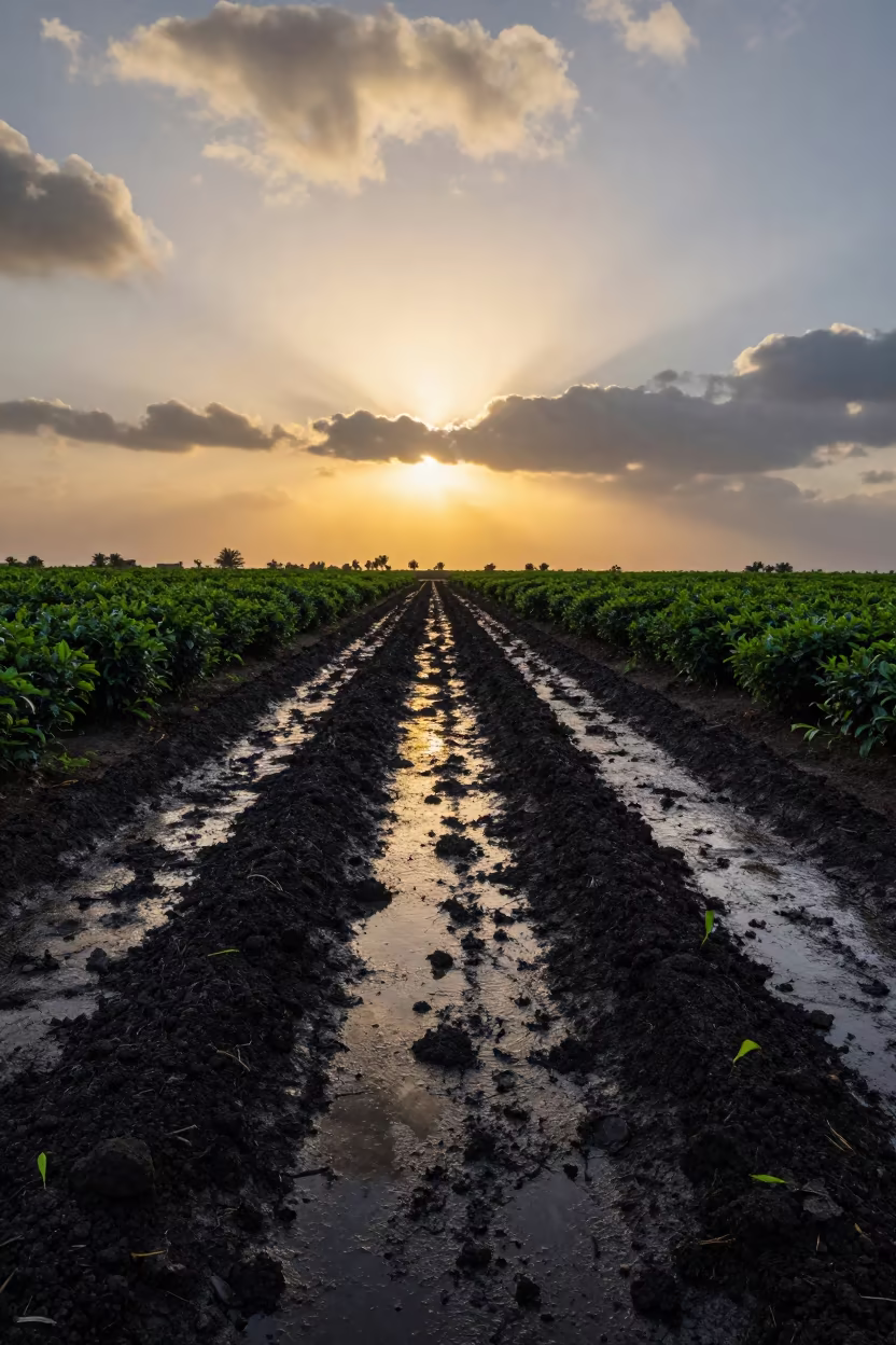Wet Plowed Field at Sunset in Omani Tea Plantation in at the edge of a tea plantation in Oman