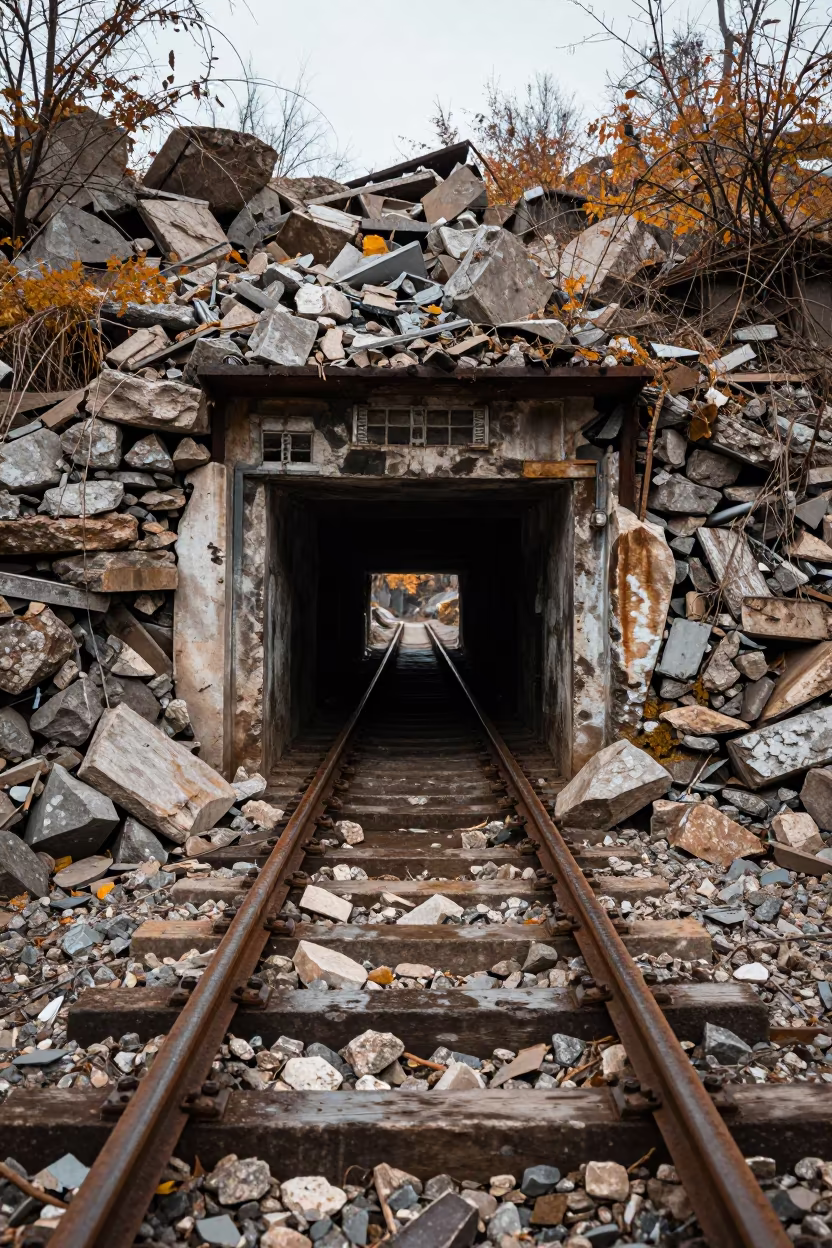 Wet Rails at Crumbling Ironstone Mine Entrance in across an active works site near Uşak
