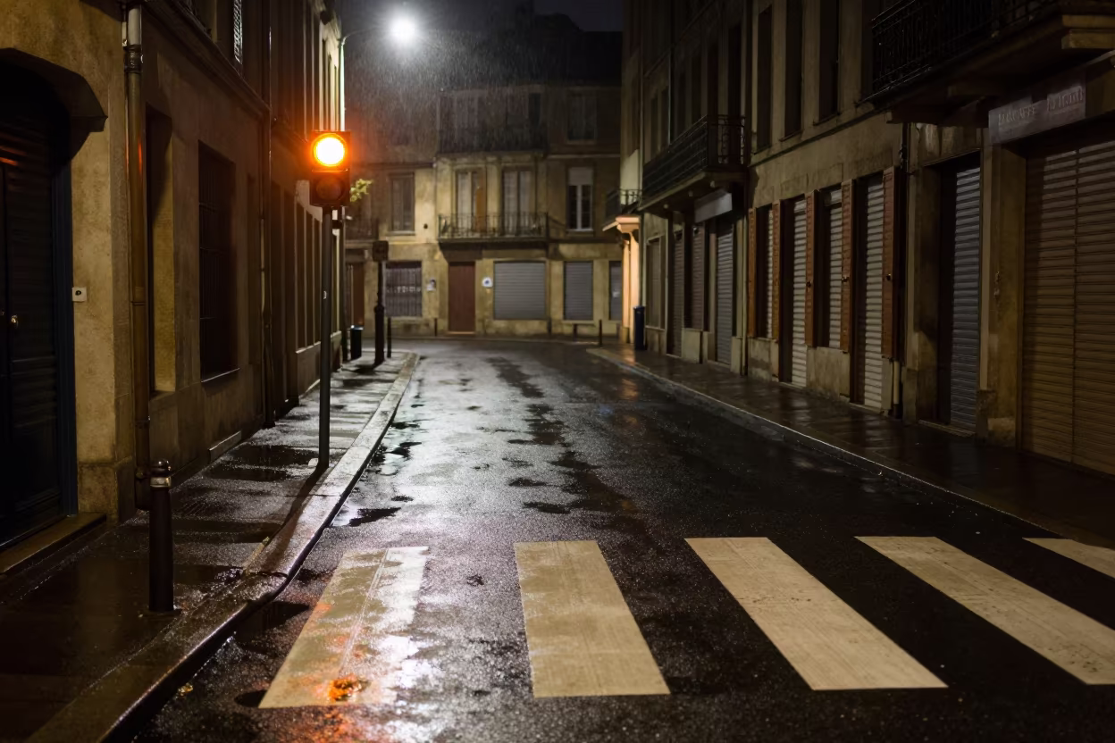 Wet Rennes Crosswalk Under Amber Streetlight Moonlight in along a shuttered arcade in Rennes