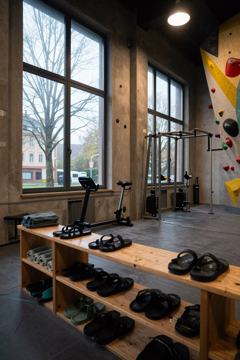 Wet Sandals Towels Shelf Late Afternoon Lyon Gym in inside a climbing gym warmup zone in Lyon