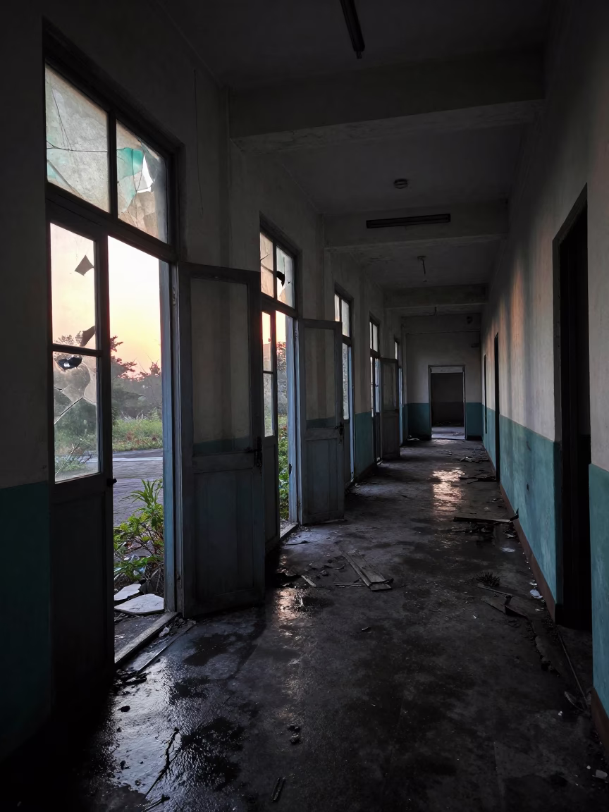 Wet Season Asylum Corridor with Dust Light in through a shattered institutional hallway with debris underfoot near Chittagong