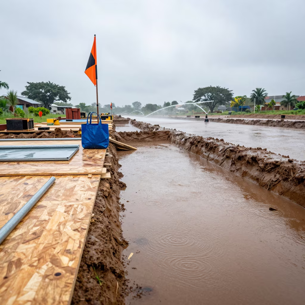 Wet Season Irrigation Flag Tote Excavation Gabon in inside a taped-off excavation edge in Gabon