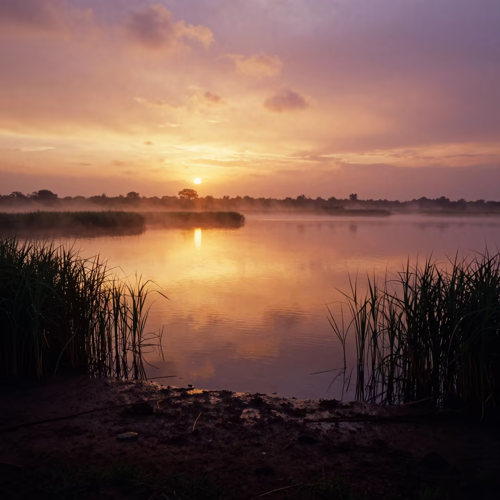 Wet Season Lake Reflecting Sunset Sky in across a floodplain after rain near Owerri