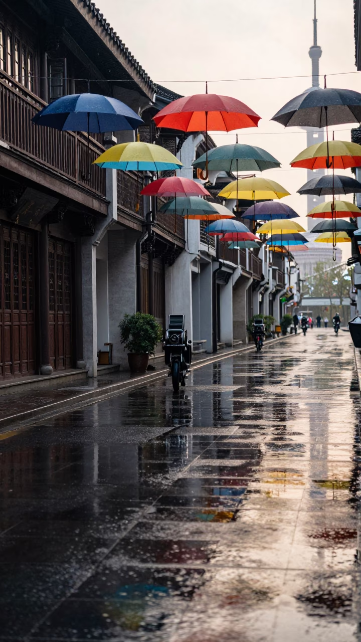 Wet Shanghai Street Reflections After Rain With Hanging Umbrellas in in Shanghai, China