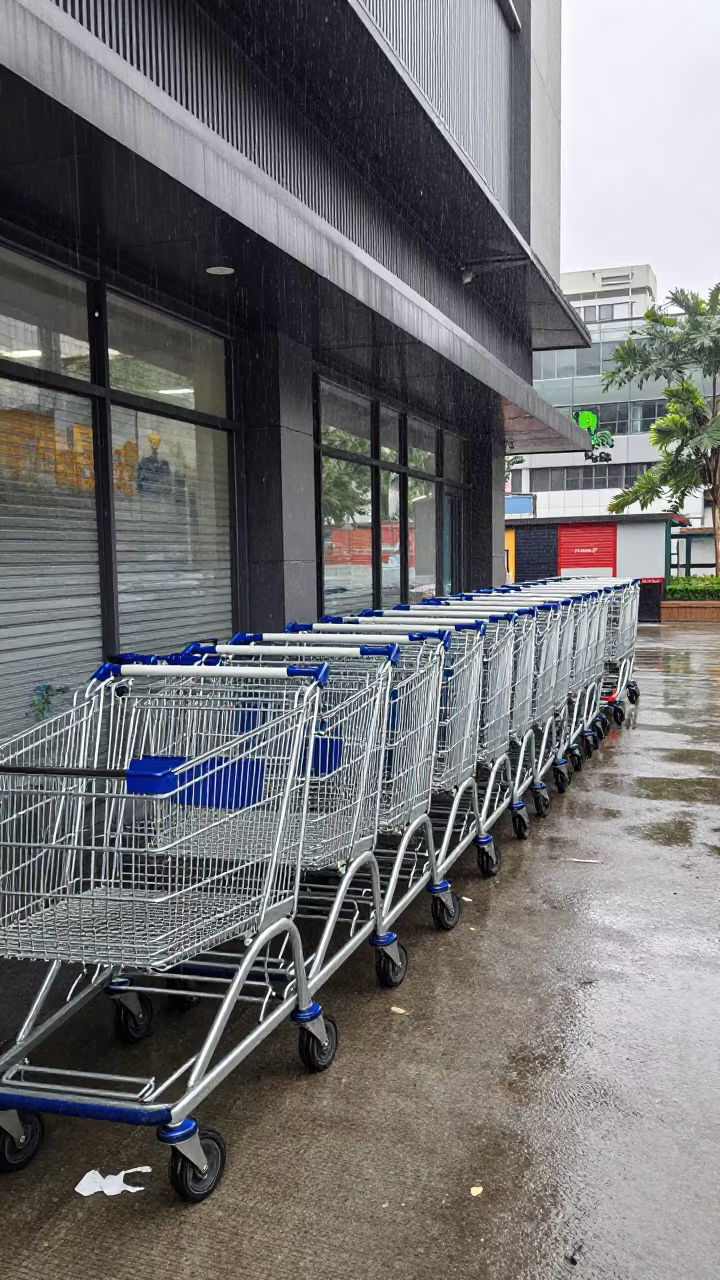 Wet Shopping Cart Corral Shenzhen Monsoon Morning in outside a storefront after rain near Shenzhen