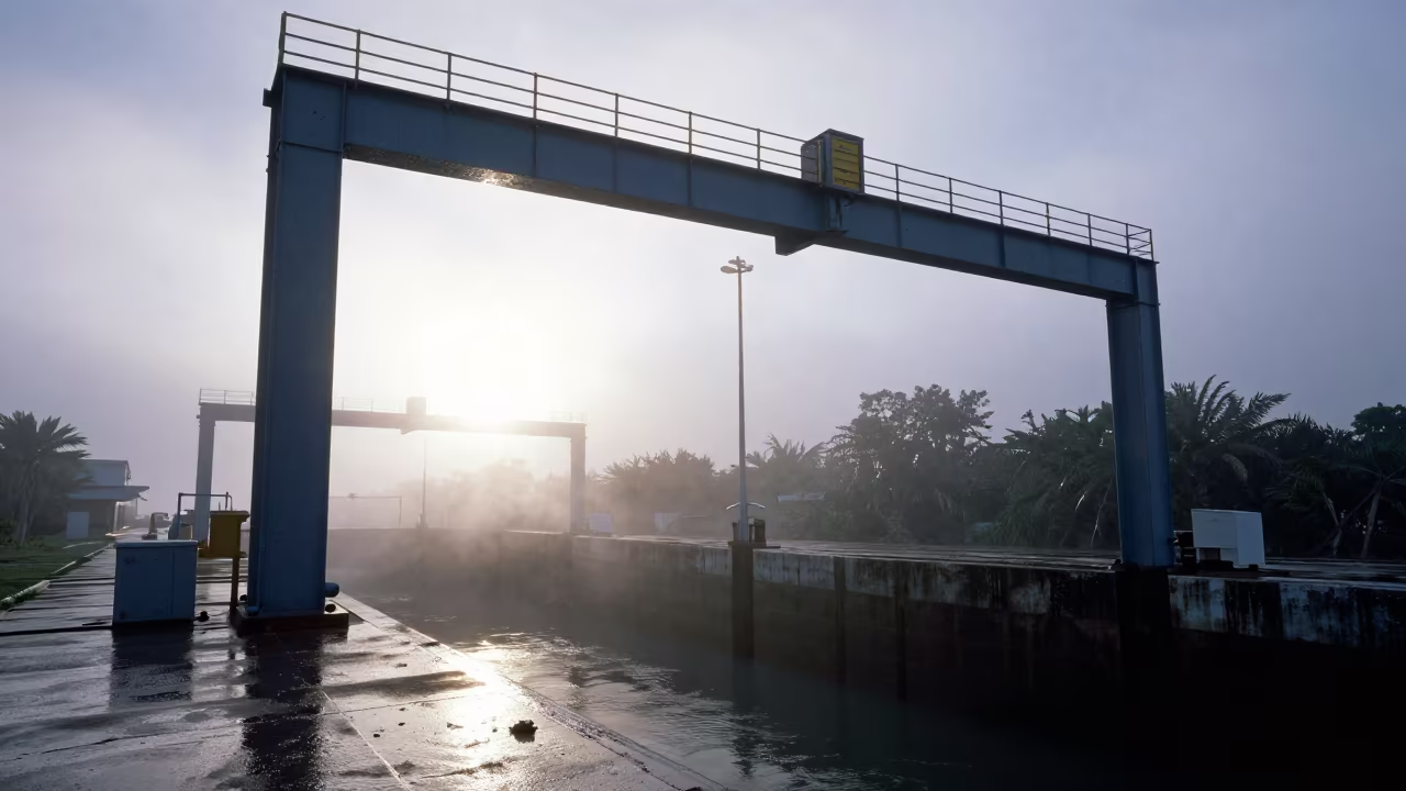Wet Signal Gantry at Barbados Canal Lock Morning Mist in at a canal lock chamber in Barbados