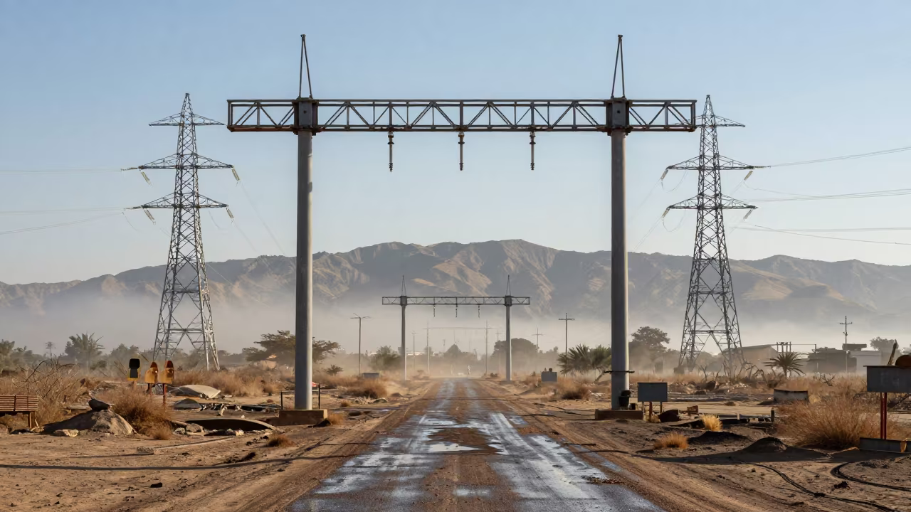 Wet Signal Gantry in Dry Mountain Light in beneath transmission towers near Hadejia