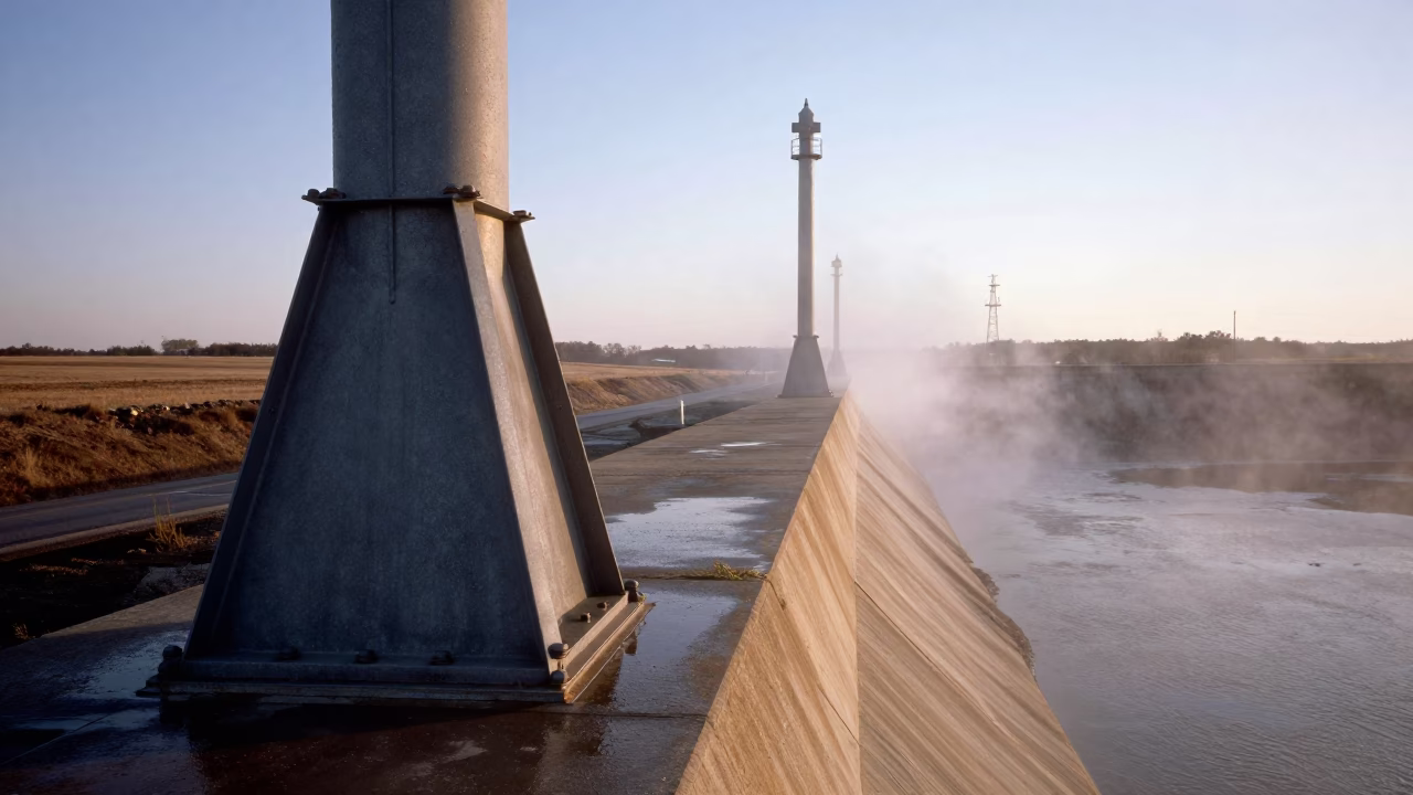 Wet Signal Gantry Along Nebraska Dam at Dawn in along a dam spillway in Nebraska