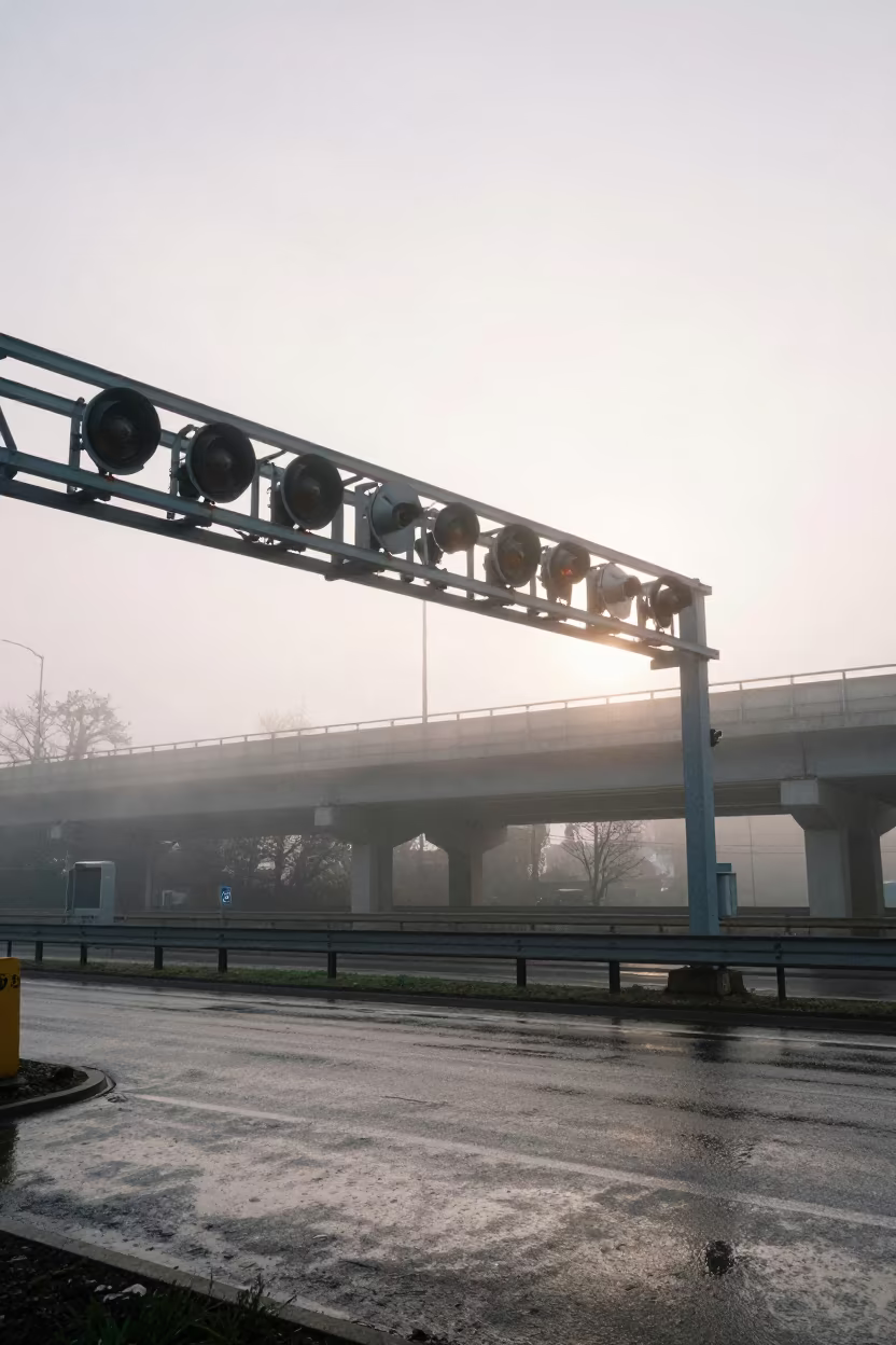 Wet Signal Gantry Over Novy Svet Prague Dawn in across a windy overpass interchange in Novy Svet, Prague