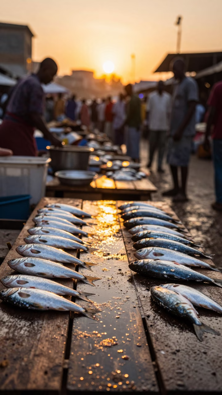 Wet Silver Fish on Market Slab Addis Ababa in beside a fish counter in Addis Ababa