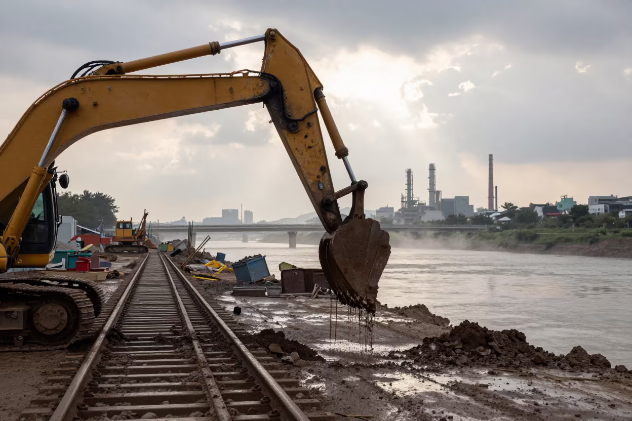 Wet Soil Drips from Excavator Bucket in across an active works site near Insadong, Seoul