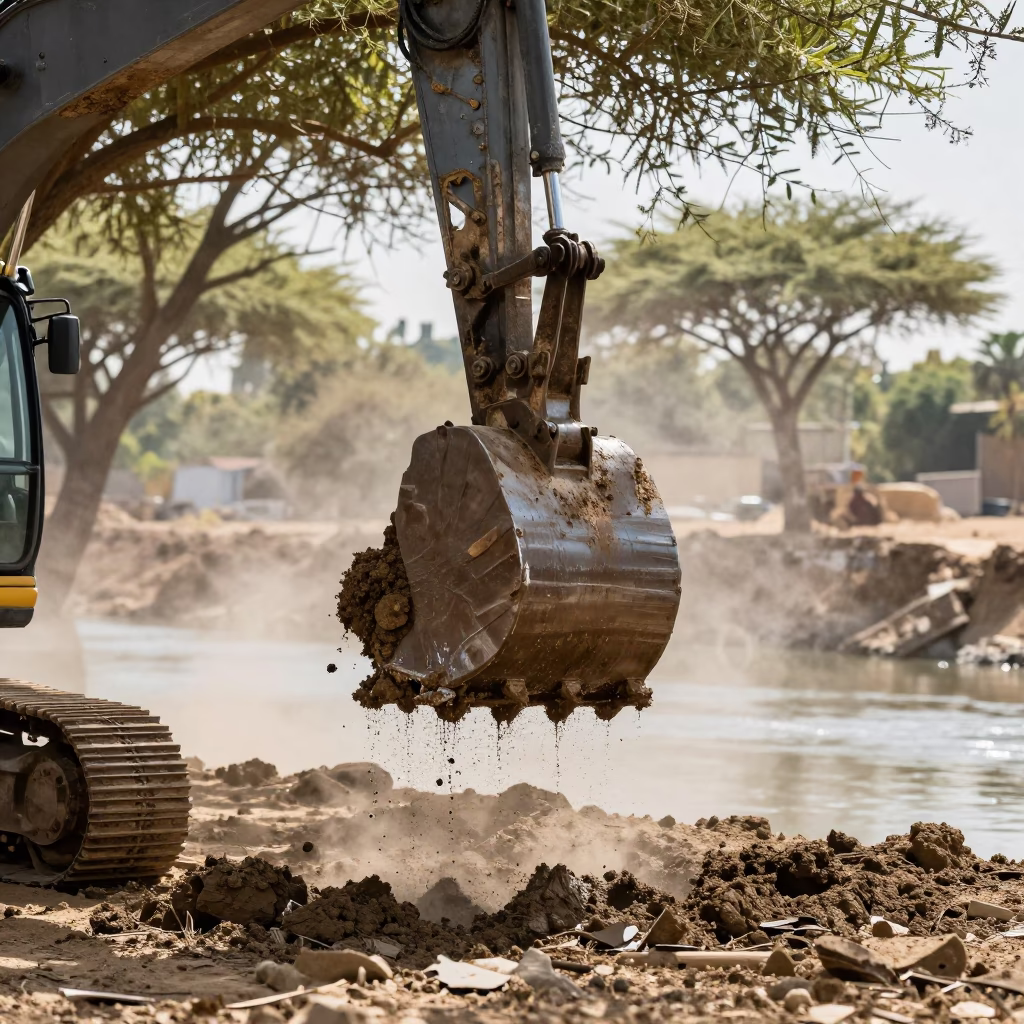 Wet Soil Dripping from Excavator Bucket at Giza in across an active works site near Giza