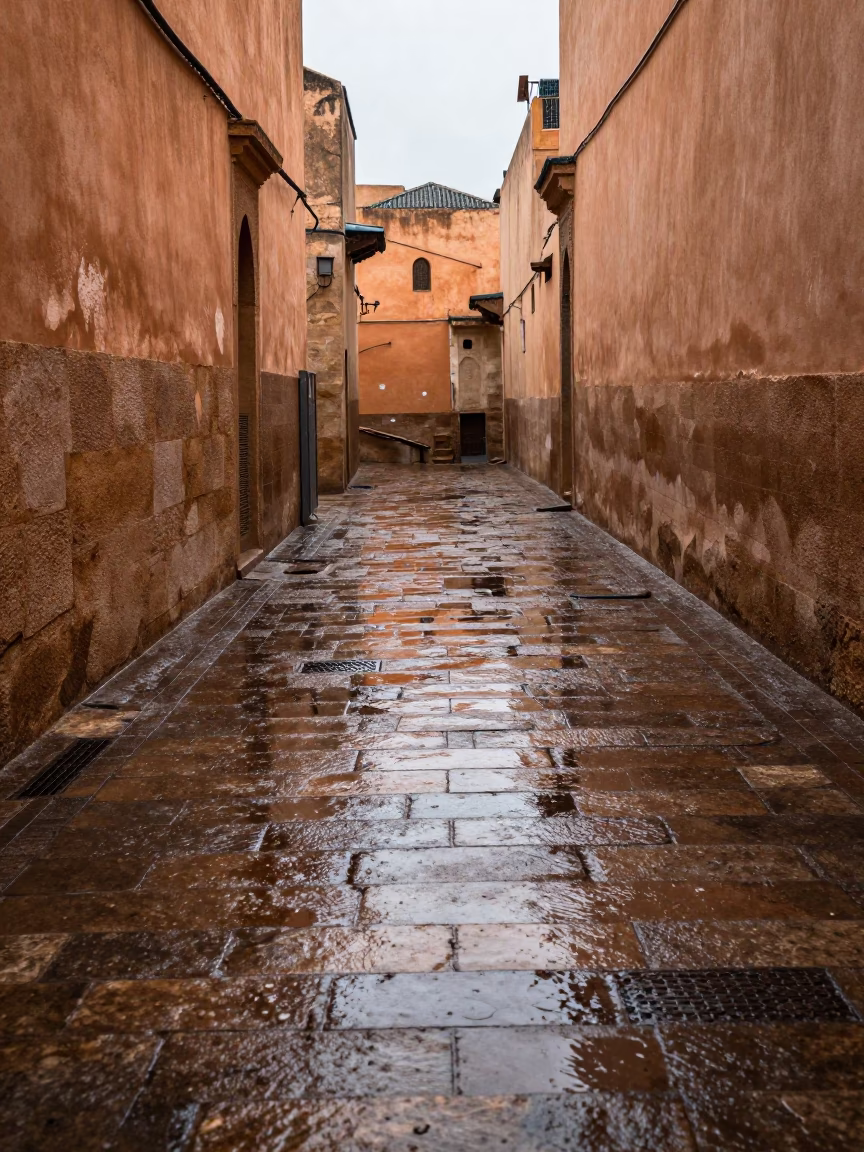 Wet Stone Alley in Fez Morocco Reflecting Morning Light After Rain in in Fez, Morocco