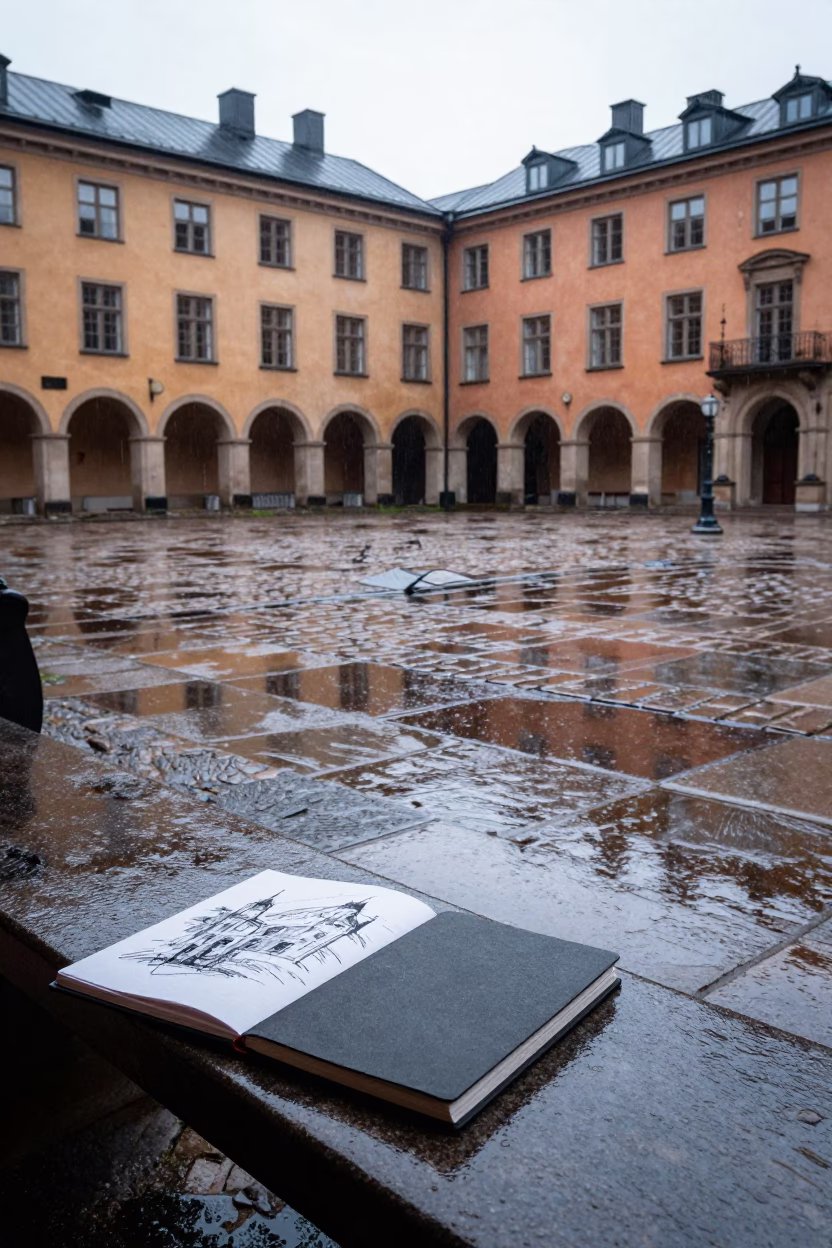Wet Stone Courtyard at Stockholm University Cloister Midday Rain Reflections in in Stockholm, Sweden
