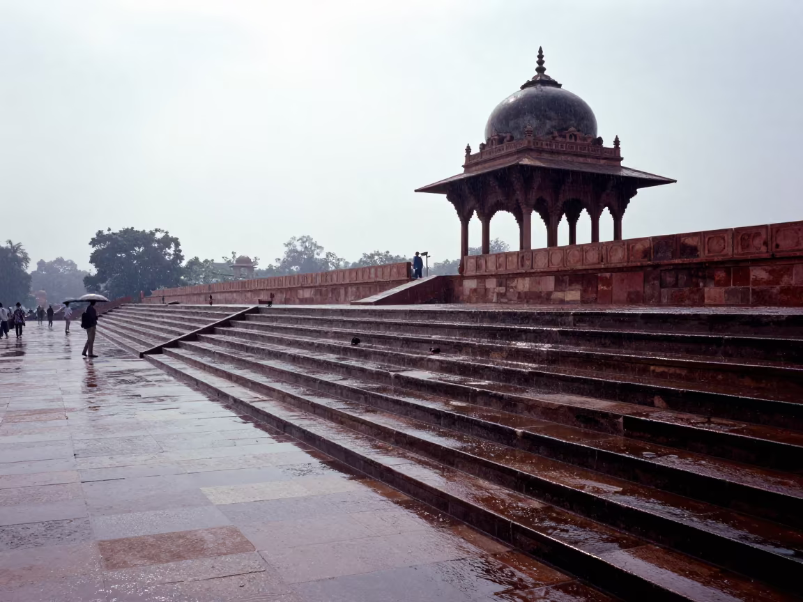 Wet Stone Ghats Reflecting Sky After Monsoon in beneath a pagoda roof near Chandni Chowk, Delhi