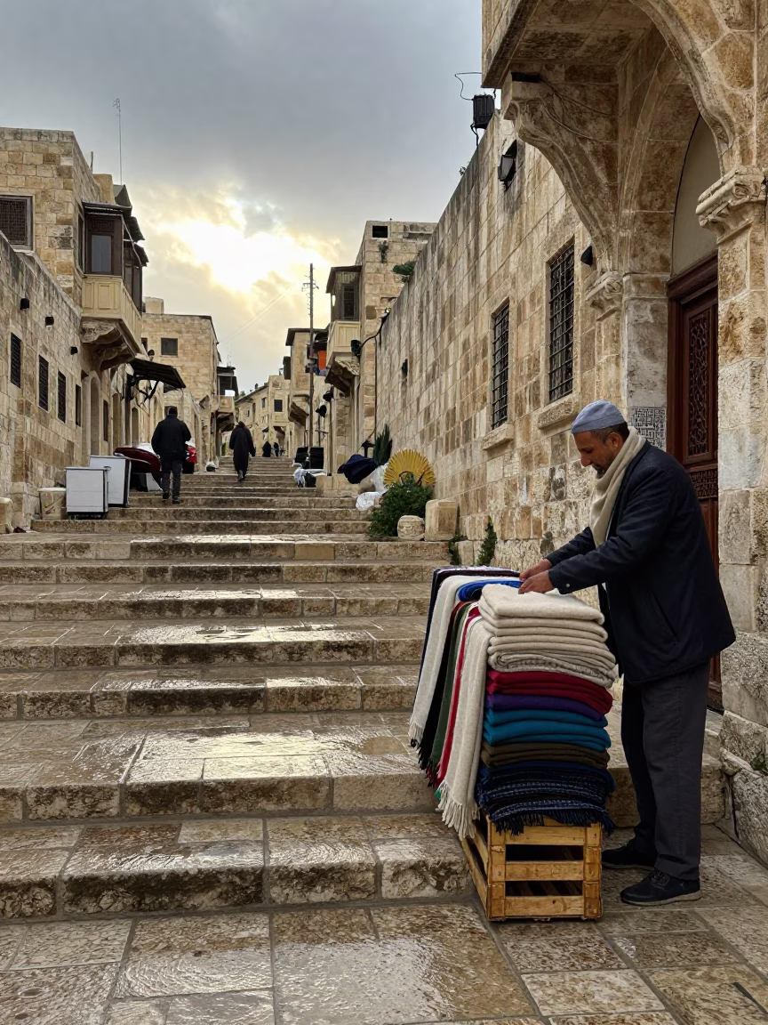 Wet Stone Steps and Damp Wool Scarves in Rainy Amman Morning in in Amman, Jordan