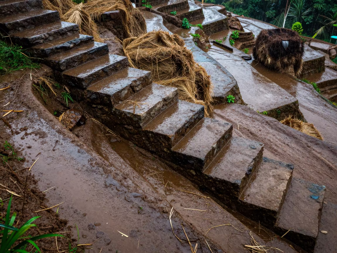 Wet Stone Steps on Rice Terrace Beside Hay Bales in beside stacked hay bales in Tamil Nadu