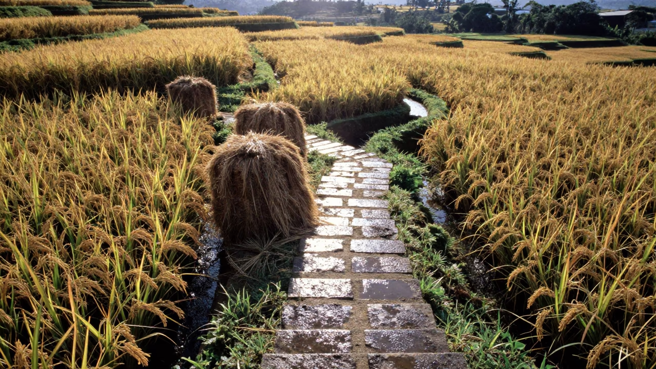 Wet Stone Steps Shine in Queensland Rice Fields in beside stacked hay bales in Queensland
