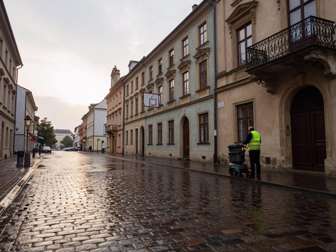 Wet Street in Krakow in in Krakow, Poland